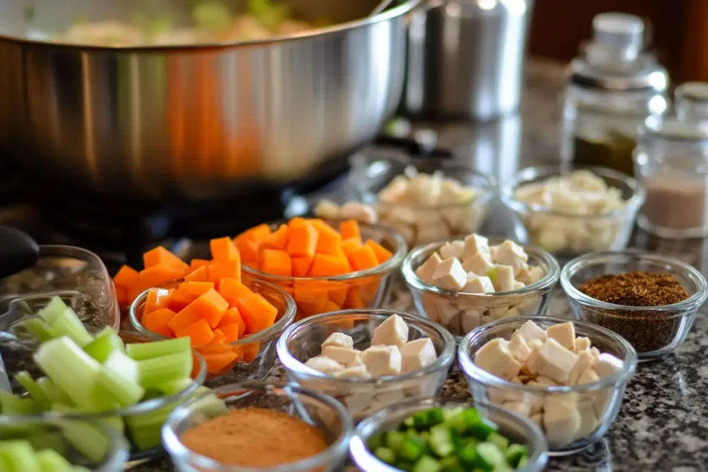 Chopped vegetables and diced chicken ready to make Chopt soup.