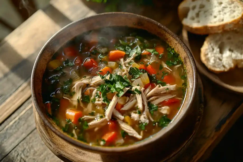 Rustic bowl of Chopt soup with colorful vegetables and fresh herbs.