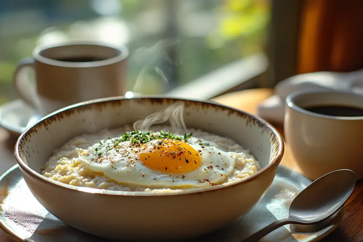 Rustic breakfast table with grits and eggs.