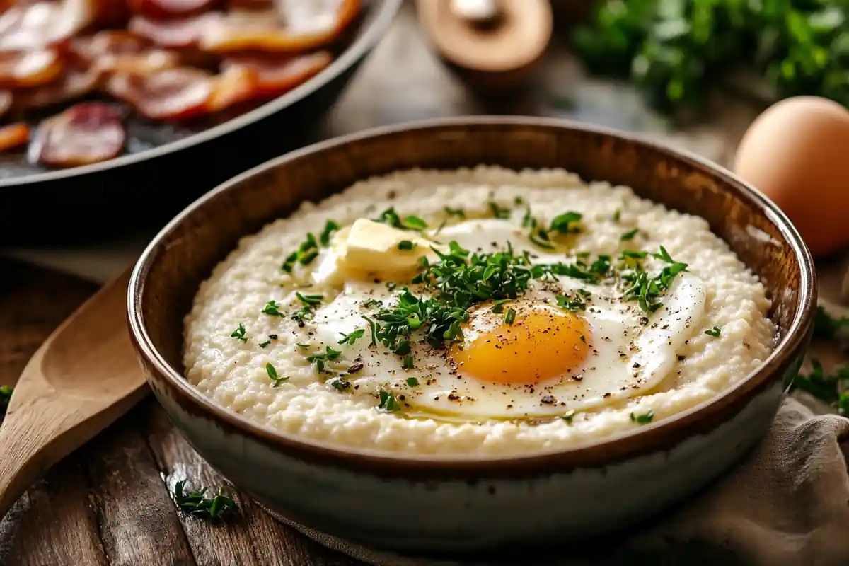 A steaming bowl of creamy grits topped with butter and herbs in a rustic kitchen setting.